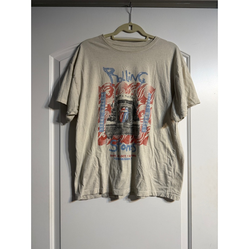 Rolling Stones Steel Wheels Tour Graphic T-Shirt Mens Large Cream Band Tee 80's